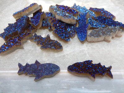 Druzy Shark - Mystic Blue Shark Fish Cluster Cabachon - top and side view of multiple druzy sharks 