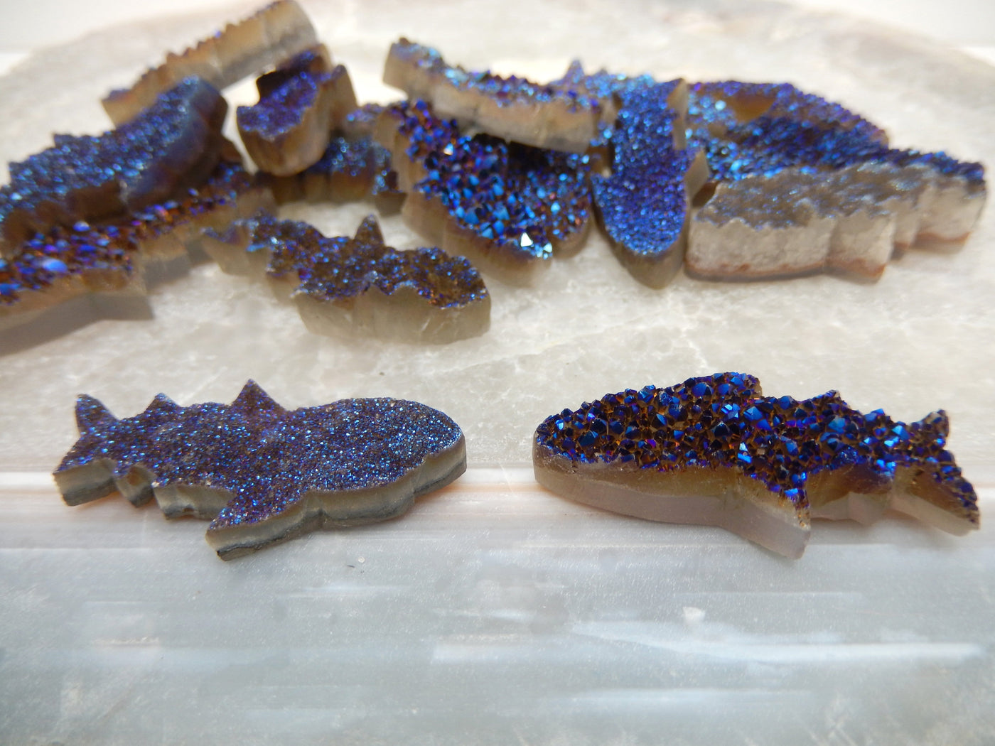 Druzy Shark - Mystic Blue Shark Fish Cluster Cabachon - side view of druzy sharks showing thickness for reference 