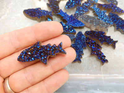 Druzy Shark - Mystic Blue Shark Fish Cluster Cabachon - one druzy shark in hand to show size reference with multiple in the background 