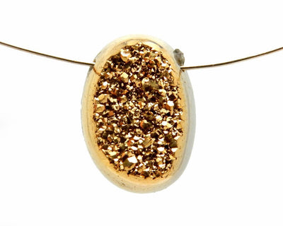Druzy Cabochon - Gold Colored Titanium Oval Shaped Druzy Cabochon 10mm X 14mm Top Side Drilled Bead