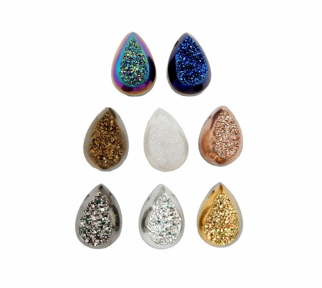 different colored titanium teardrop druzy cabochons on white background