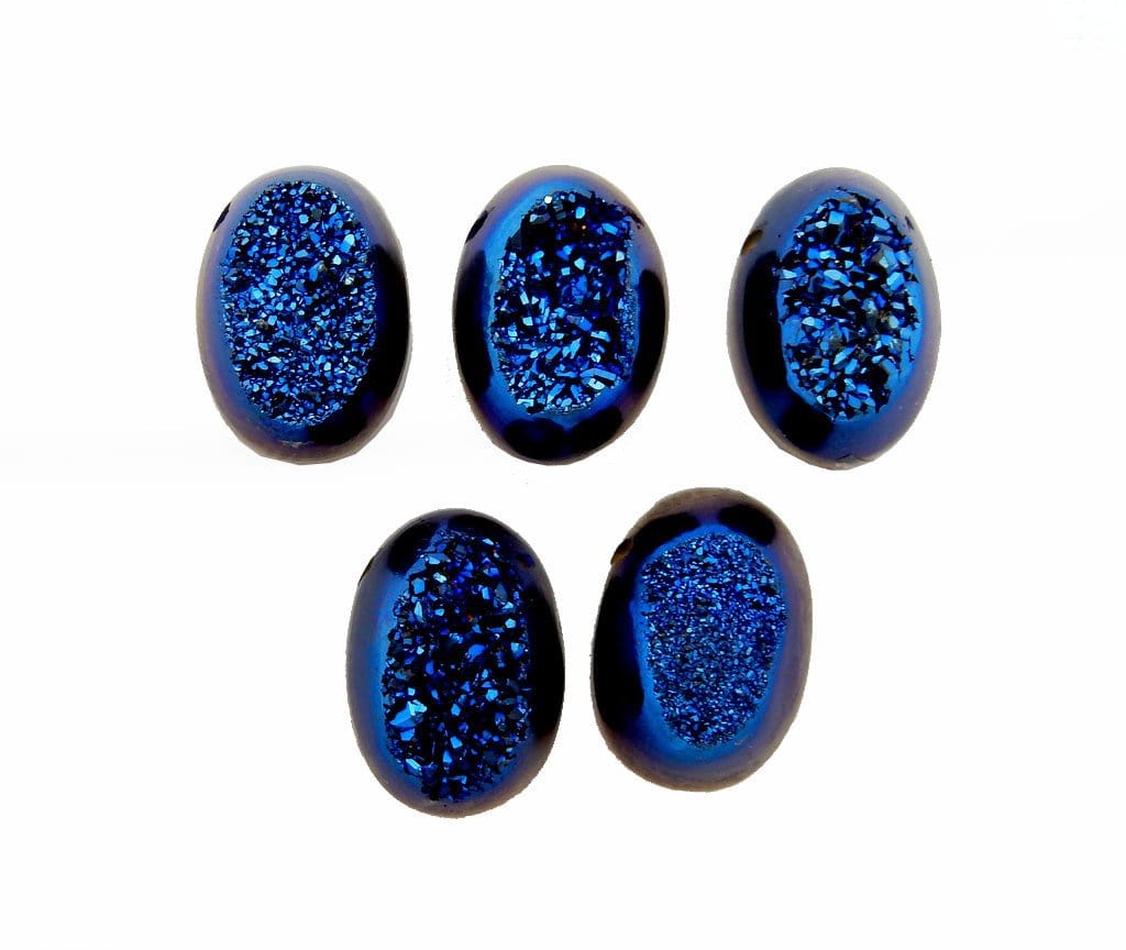 Mystic Blue Colored Titanium Oval Shaped Druzy Cabochon--Front close view of multiple druzy patterns. 
