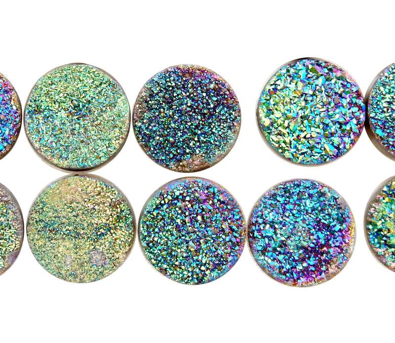 multiple Purple and Green Round Druzy Cabochons displayed on white background to show details in the color shades and druzy formations