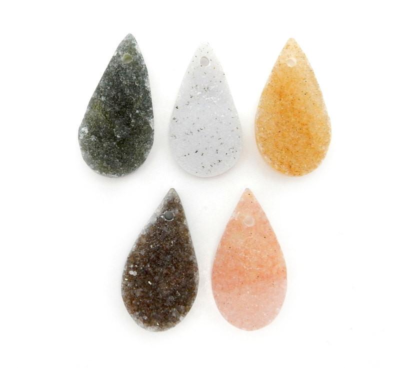 5 druzy drilled teardrop beads on white background