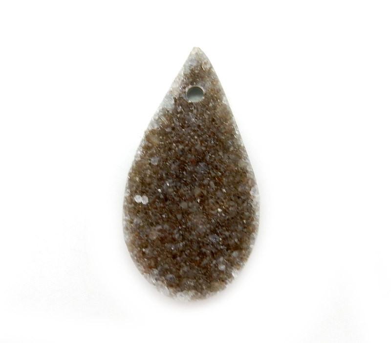 up close shot of druzy drilled teardrop bead on white background