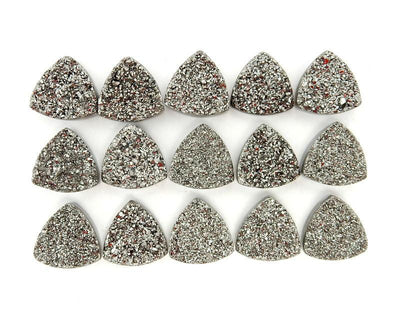 multiple  Black Diamond Rounded Triangle Shaped Druzy 12mm Cabochons displayed on white background to show various natural duzy formations