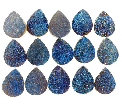 multiple Blue Teardrop Shaped Druzy Cabochons displaying various shades of blue and texture druzies