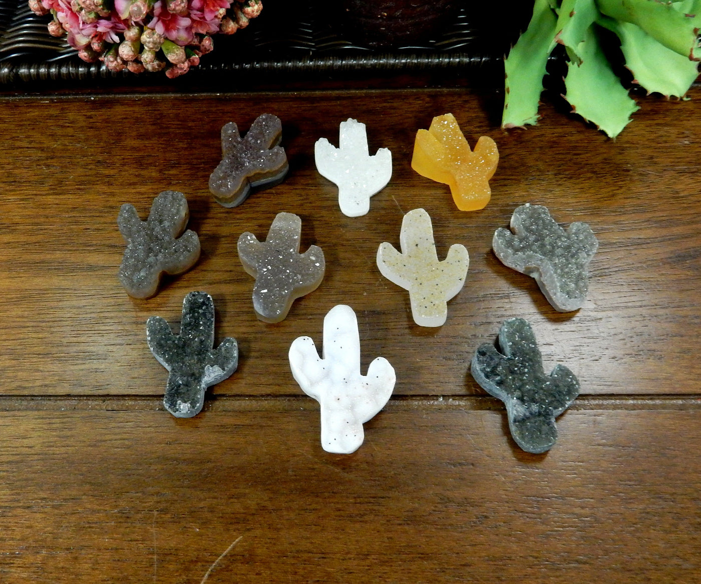 Multiple Top Side Drilled Druzy Cactus Cabochons displayed on wood background to show various colors texture formations
