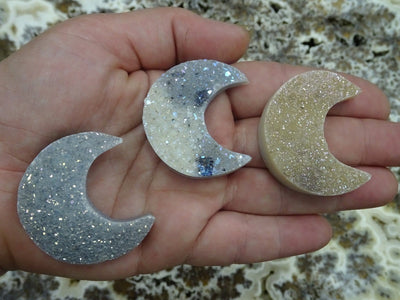 Mystic Light Shimmer Crescent Druzy - Titanium Treated Mystic Crescent Druzy Cabochon--Close view of size reference on hand and color tone.