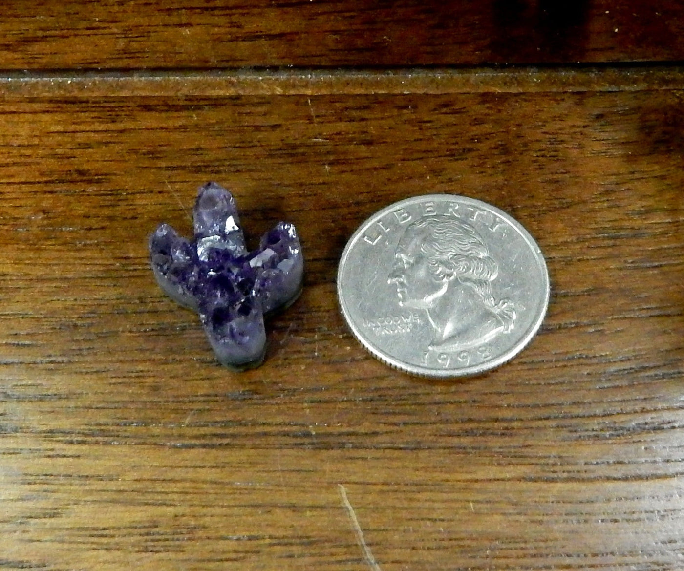 Single Petite Druzy Amethyst Cactus Cabochon top center drilled bead next to quarter for size comparison
