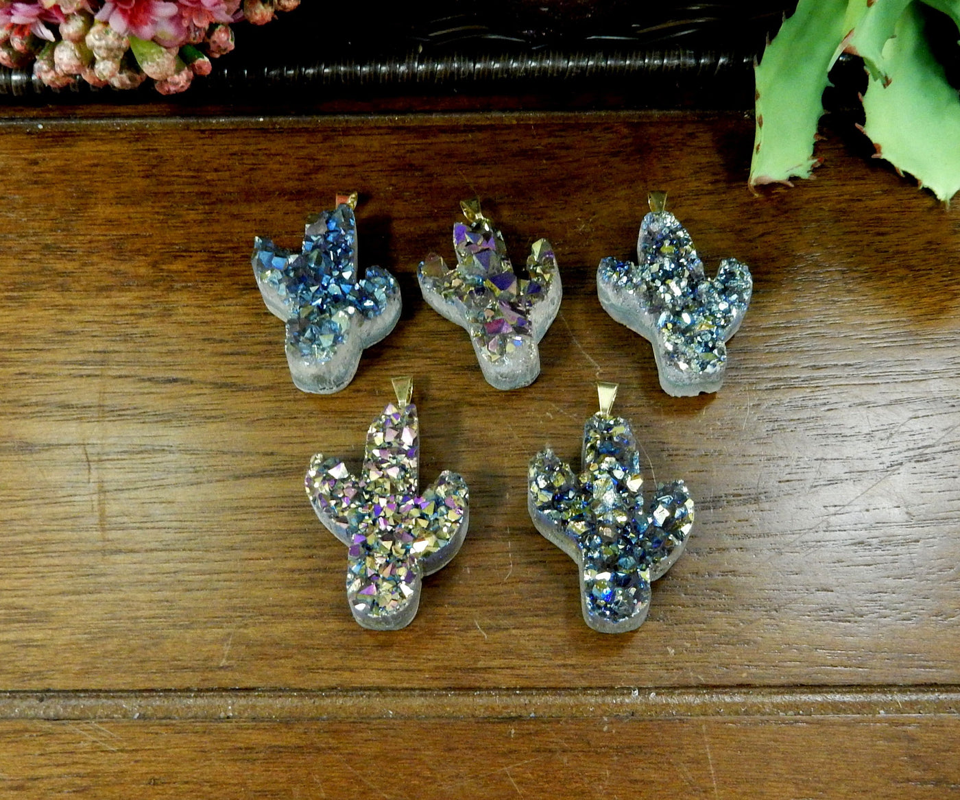 5 Rainbow Aura Druzy Amethyst Cactus with Gold Plated Bail Pendants