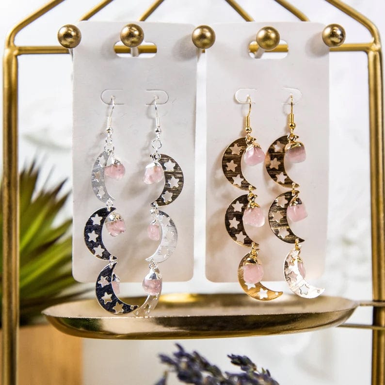 Triple Moon with Gemstones Earrings - Crystal and Rose Quartz - Electroplated Gold/Silver on stand