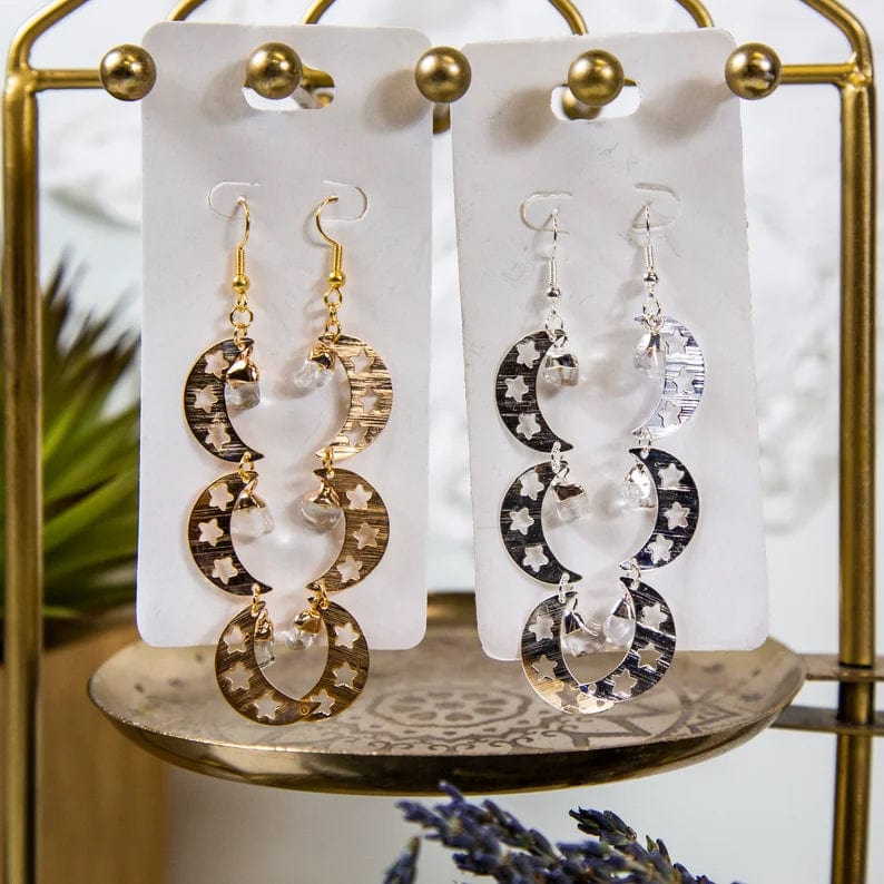Triple Moon with Gemstones Earrings - Crystal and Rose Quartz - Electroplated Gold/Silver on stand