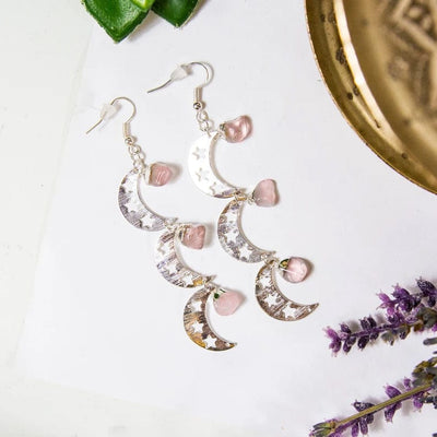 Triple Moon with Gemstones Earrings with Rose Quartz stones and Electroplated Silver Finish.