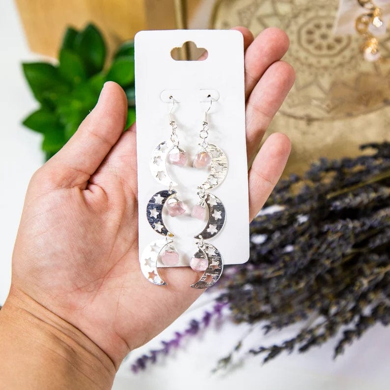 Triple Moon with Gemstones Earrings with Rose Quartz stones and Electroplated Silver Finish, in a hand for size reference