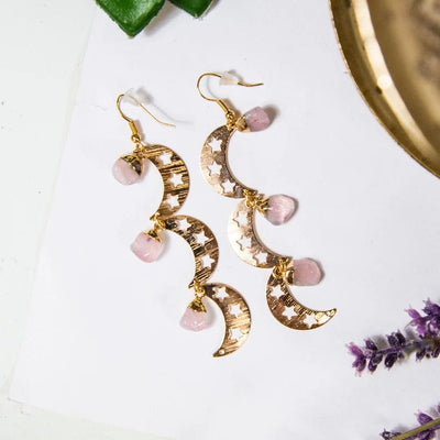 Triple Moon with Gemstones Earrings with Rose Quartz stones and Electroplated Gold Finish