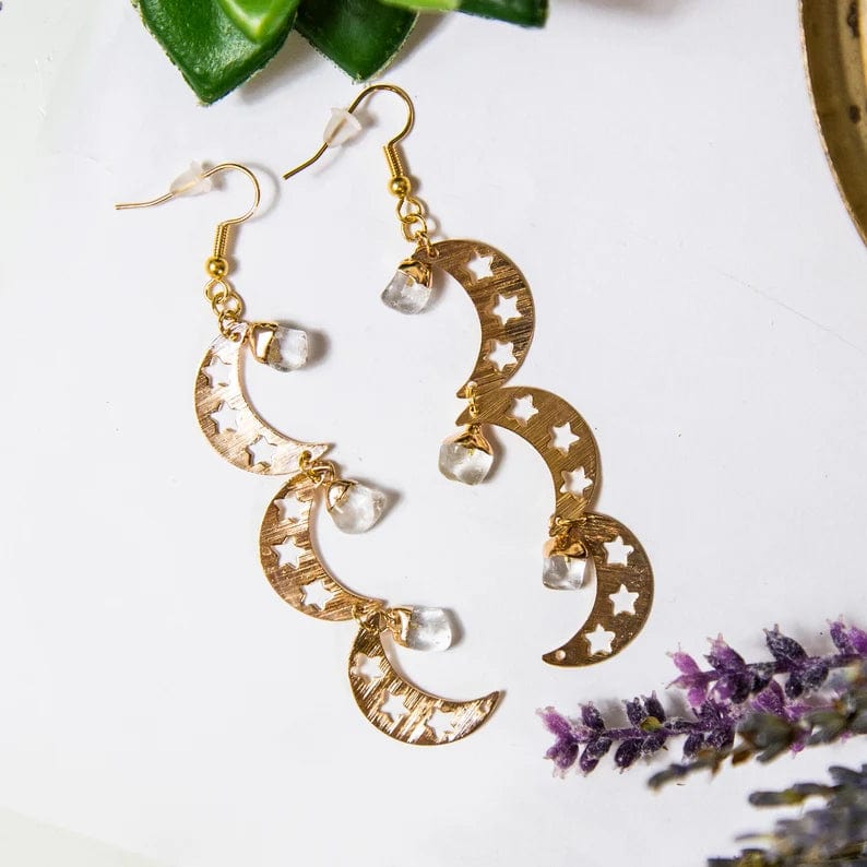Triple Moon with Gemstones Earrings with Crystal Quartz stones and gold electroplated finish 