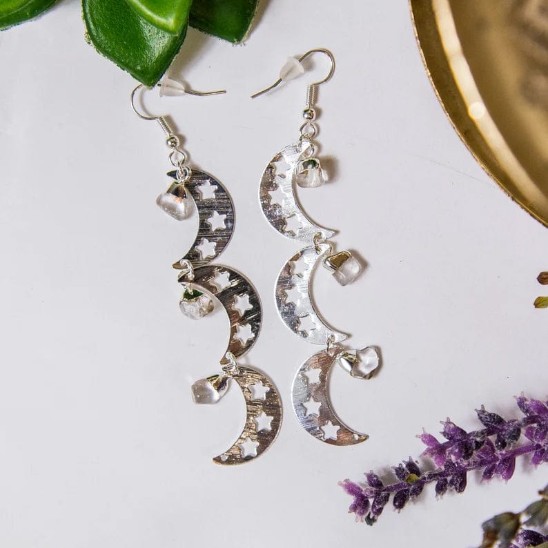 Triple Moon with Gemstones Earrings with Crystal Quartz stones and Electroplated Silver Finish
