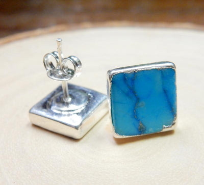 A pair of Gemstone Square Shaped Stud Earrings in Turquoise Howlite showing top and bottom view 