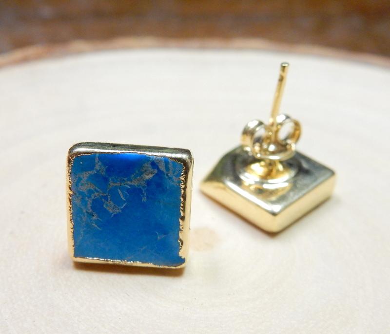 A pair of Gemstone Square Shaped Stud Earrings in Turquoise Howlite showing front on bottom view .