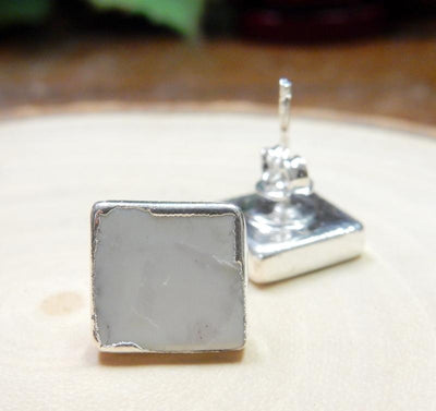 A pair of Gemstone Square Shaped Stud Earrings in White Howlite showing front and bottom view 