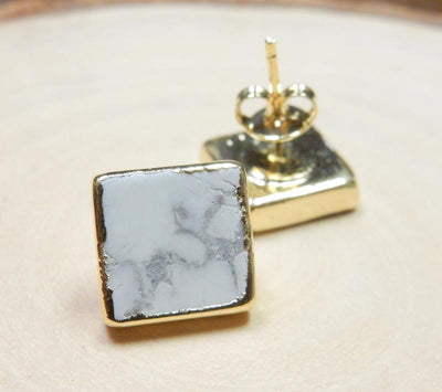 A pair of Gemstone Square Shaped Stud Earrings in White Howlite showing front and bottom view