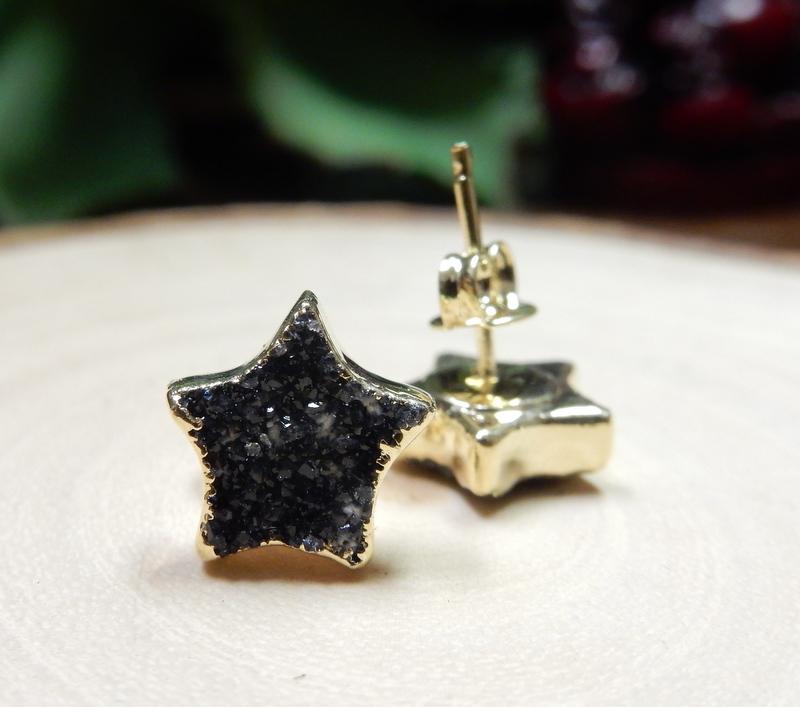 front and side view of the stud star dark druzy gemstone earrings