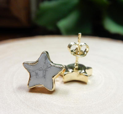 front and side view of the stud star howlite gemstone earrings