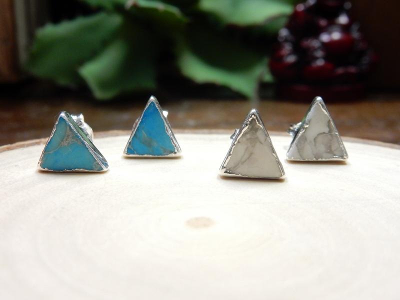 Gemstone Triangle Shaped Stud Earrings in white and blue howlite with silver electroplate