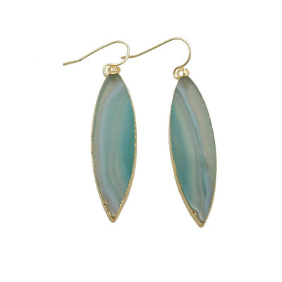 Earrings displayed to show gold hooks dangling agate marquise slabs