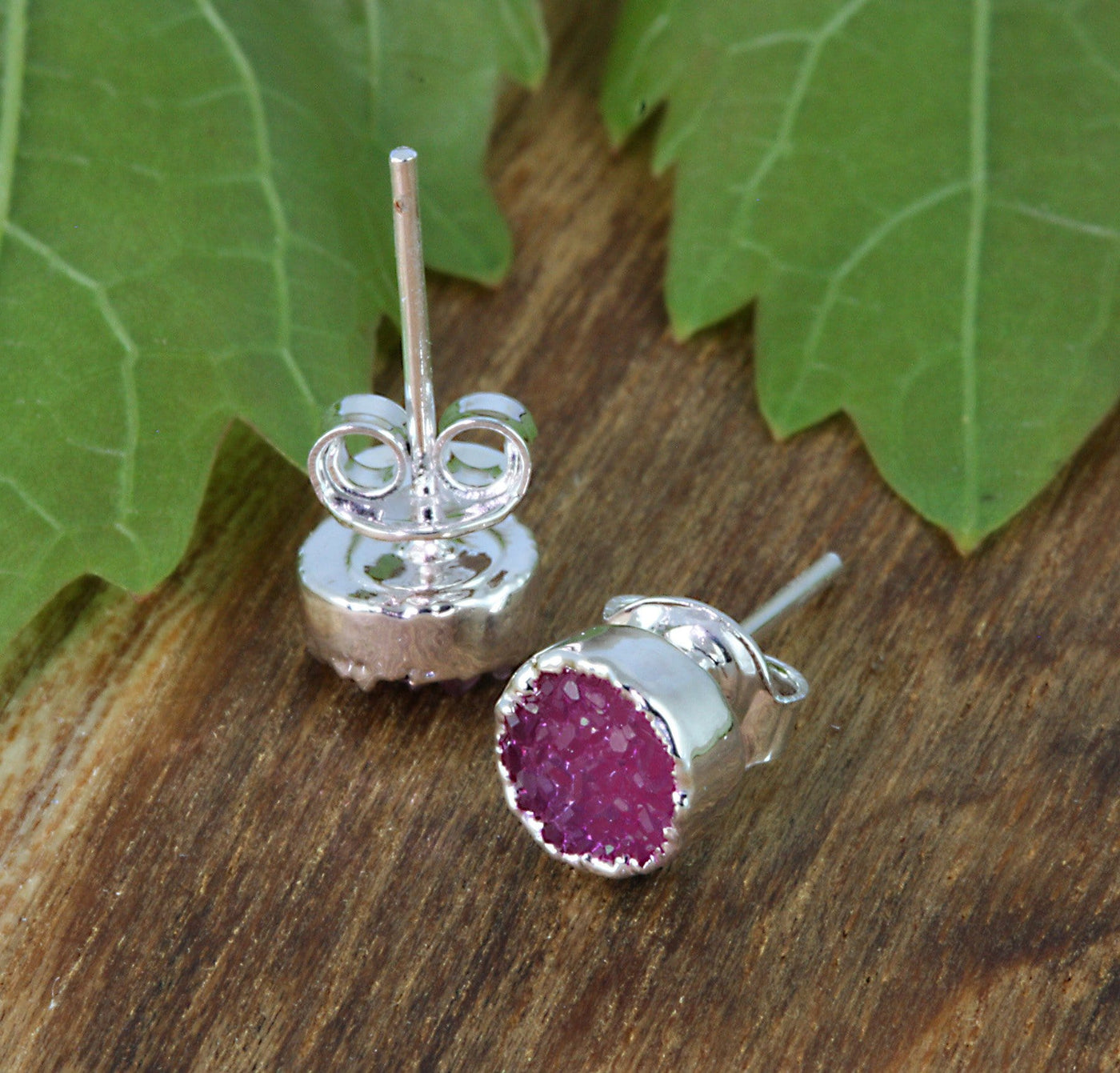 Tiny Round Pink Druzy Stud Earrings in silver