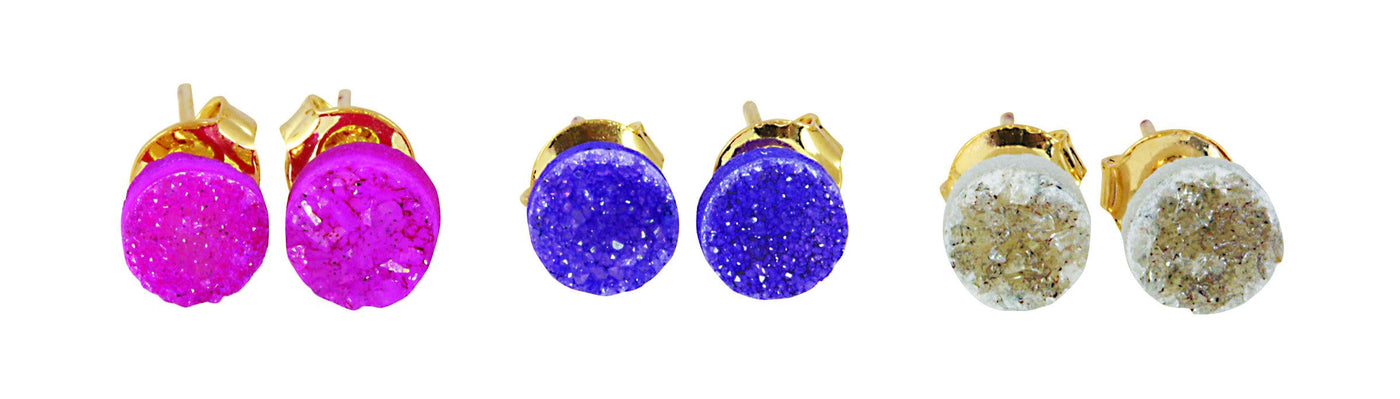 Pink, purple and natural Tiny Round Druzy Stud Earrings in gold