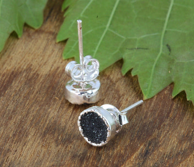 Tiny Round black Druzy Stud Earrings in silver