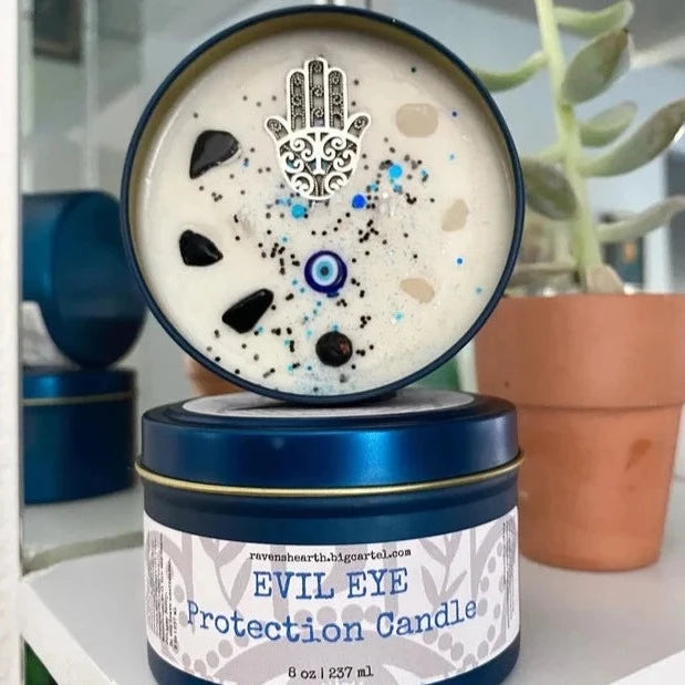 EVIL EYE 🧿 PROTECTION CANDLE - view of inside of candle and tin packaging 