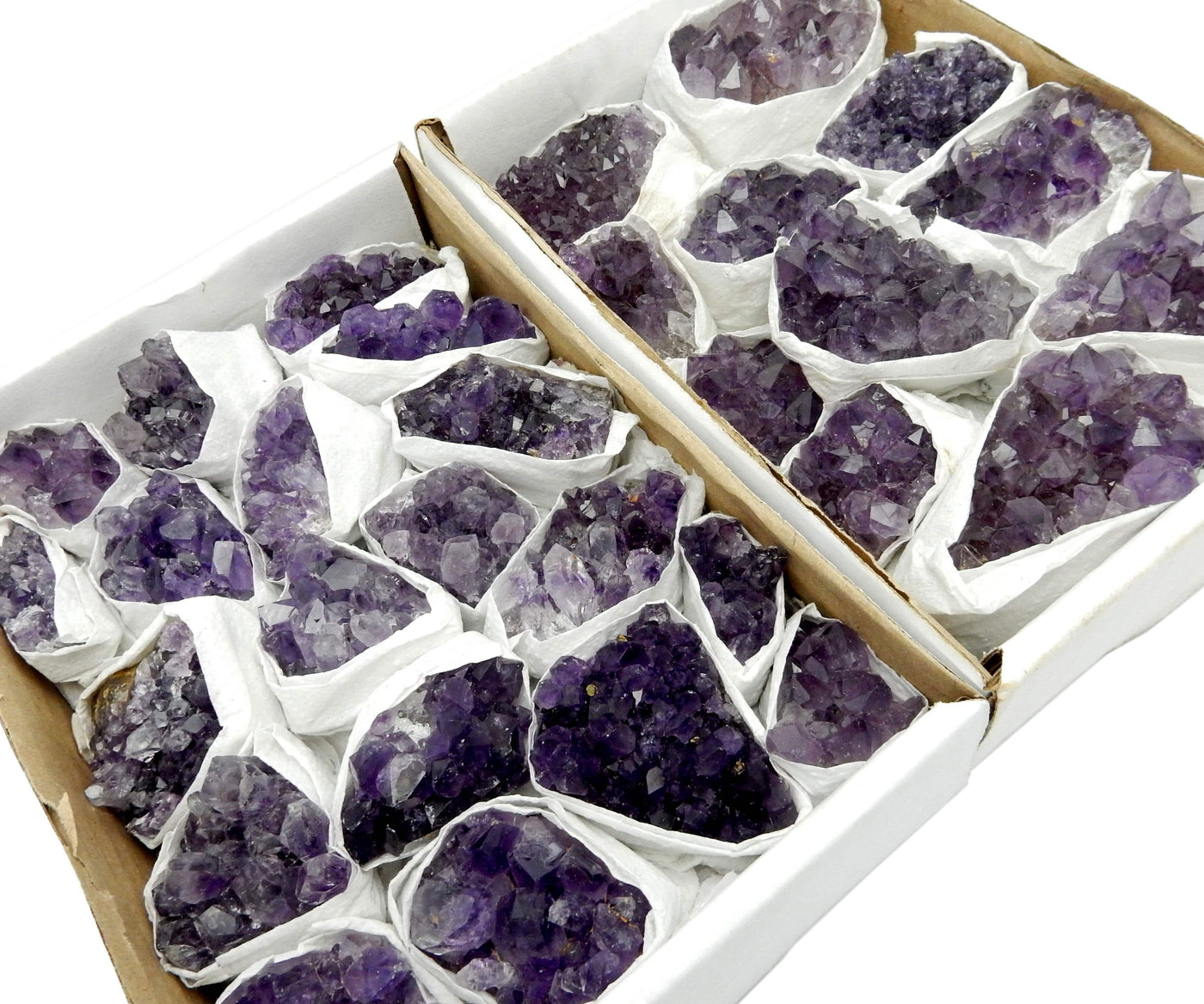 angled shot of 2 amethyst cluster flat boxes