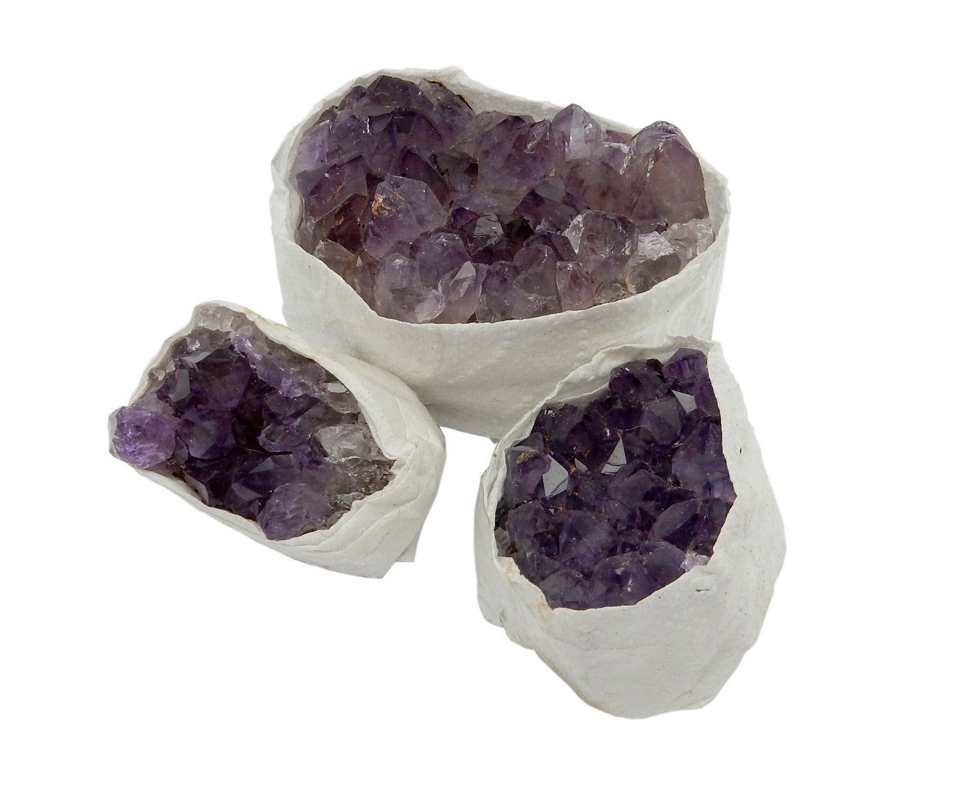 3 Amethyst Druzy Clusters showing varying size
