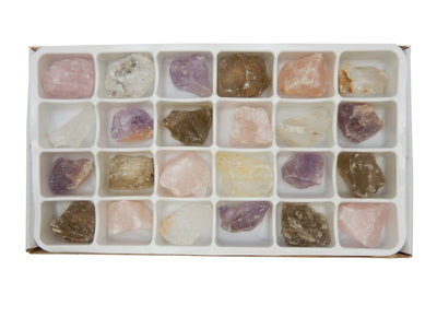 Flat Boxes - Assorted Quartz Stone By The Box - Rose, Crystal, Amethyst And Smokey Quartz Natural Stone- 24 Pcs Box (RK57TS)