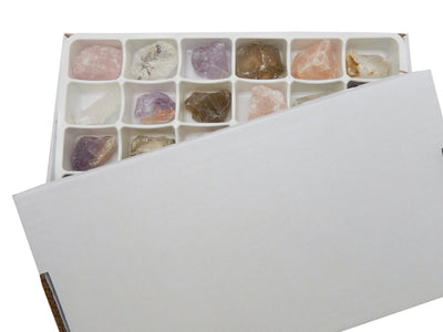 Flat Boxes - Assorted Quartz Stone By The Box - Rose, Crystal, Amethyst And Smokey Quartz Natural Stone- 24 Pcs Box (RK57TS)