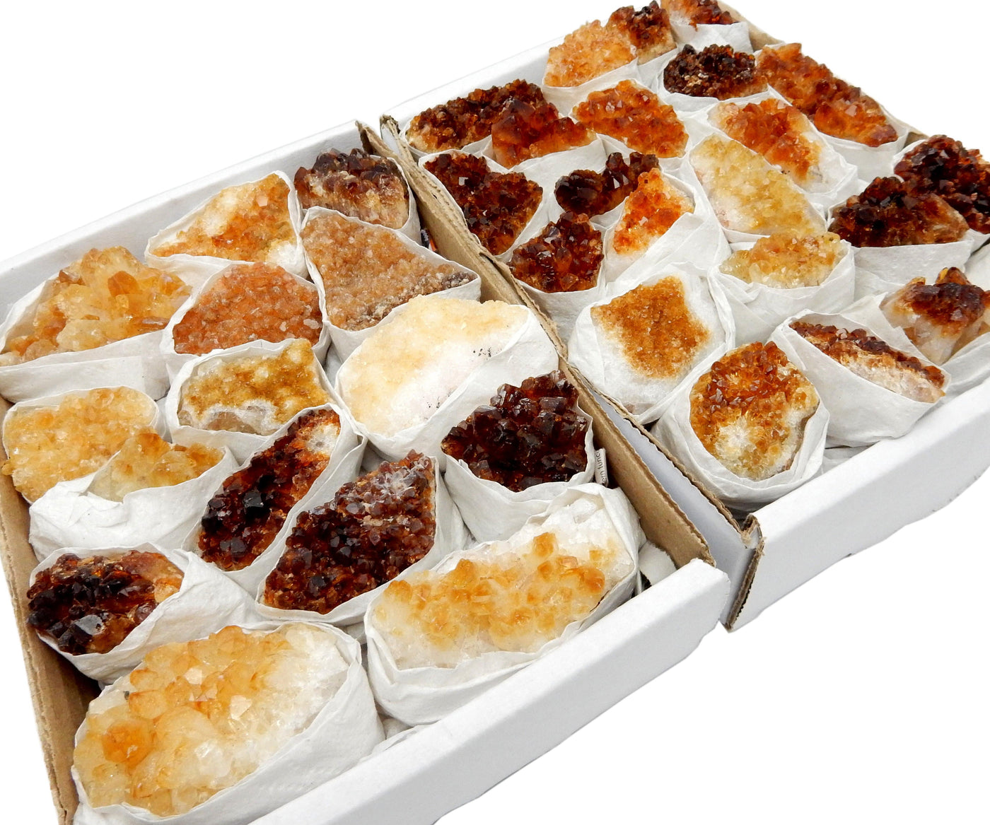 Citrine Cluster Flat Boxes showing varying shades of the citrine clusters