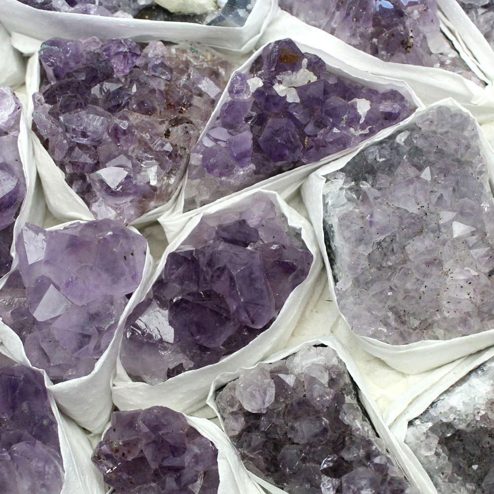 Light Purple Amethyst Clusters up close to show variations in size and color and shape