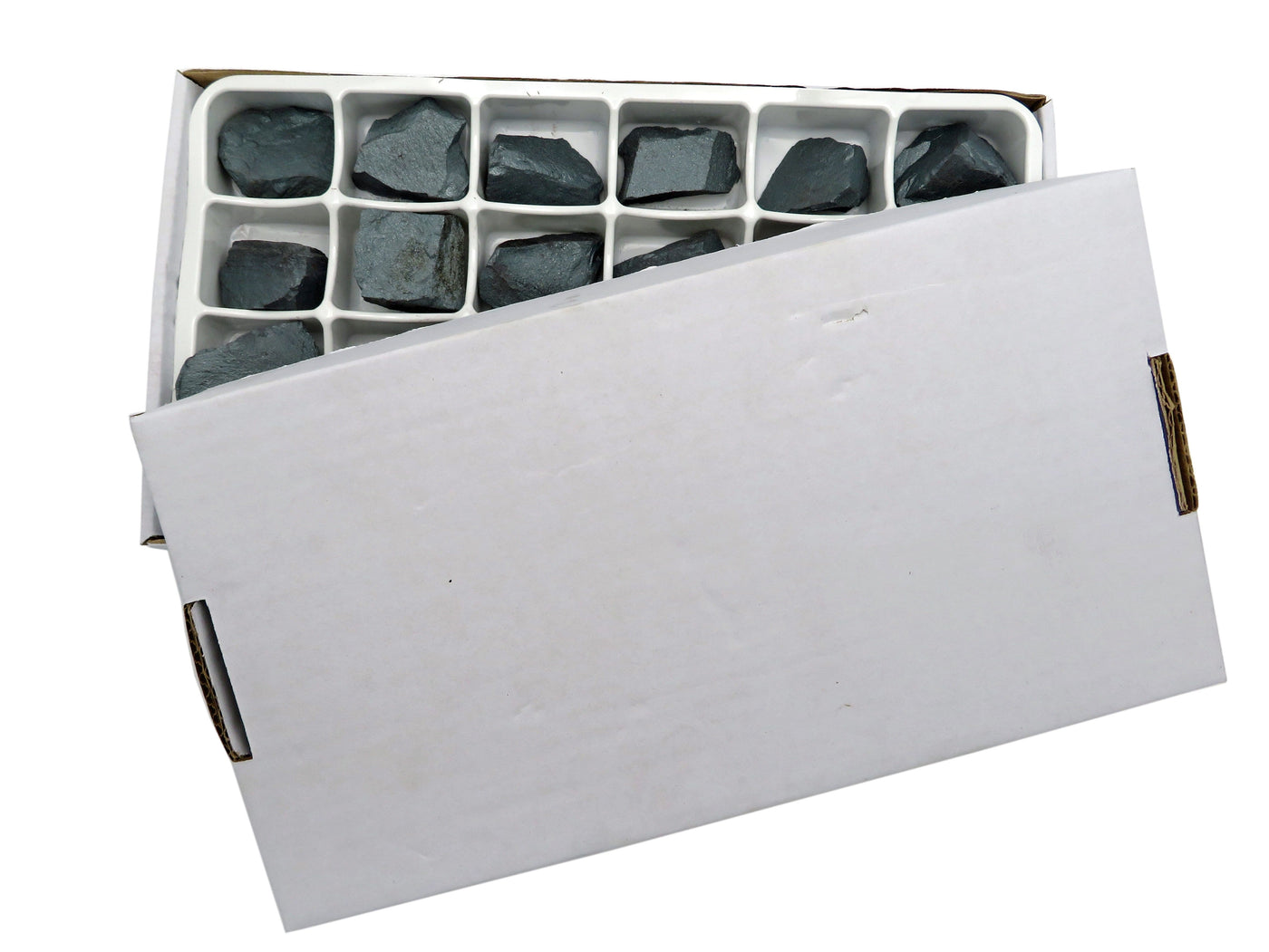 slightly covered hematite chunk box showing rock chunks and white box cover