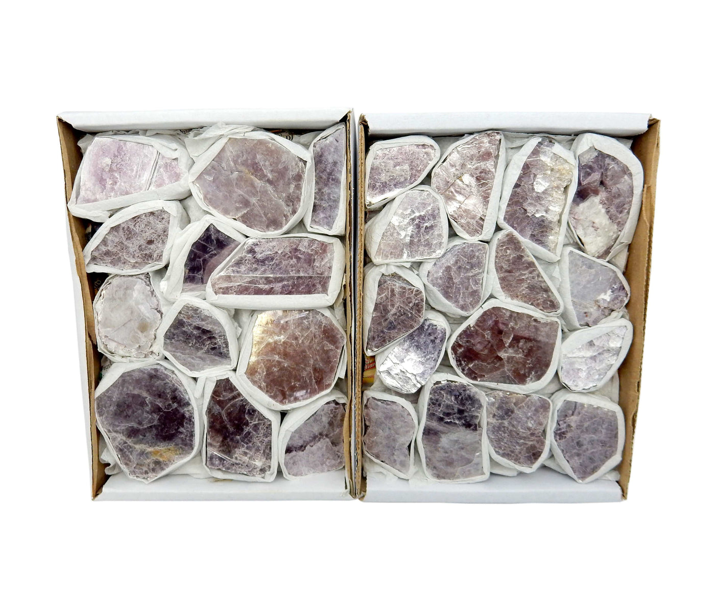 Lepidolite Mica Flat Box - showing 2 boxes for showing varying color, size and shapes of stones
