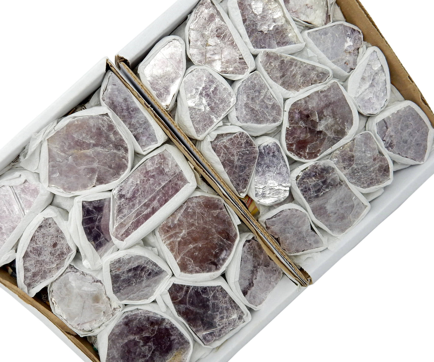 2 Lepidolite Mica Flat Boxes showing color size and shapes of stones in this stock available