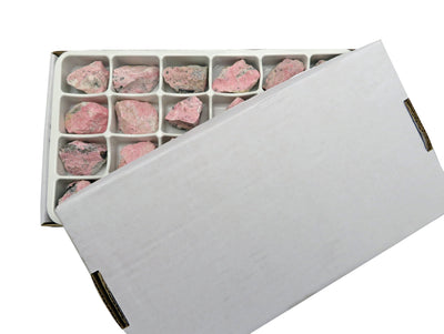 Box of Rhodonite Chunks with lid on white background