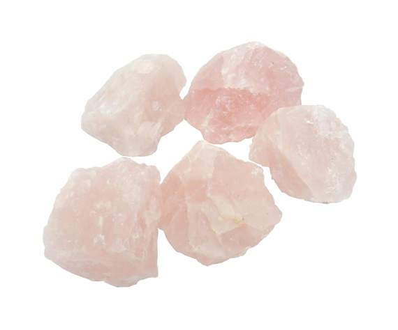 5 rose quartz chunks on white background