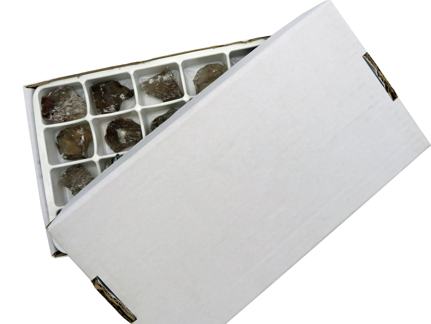 overhead view of smokey quartz box with lid half on