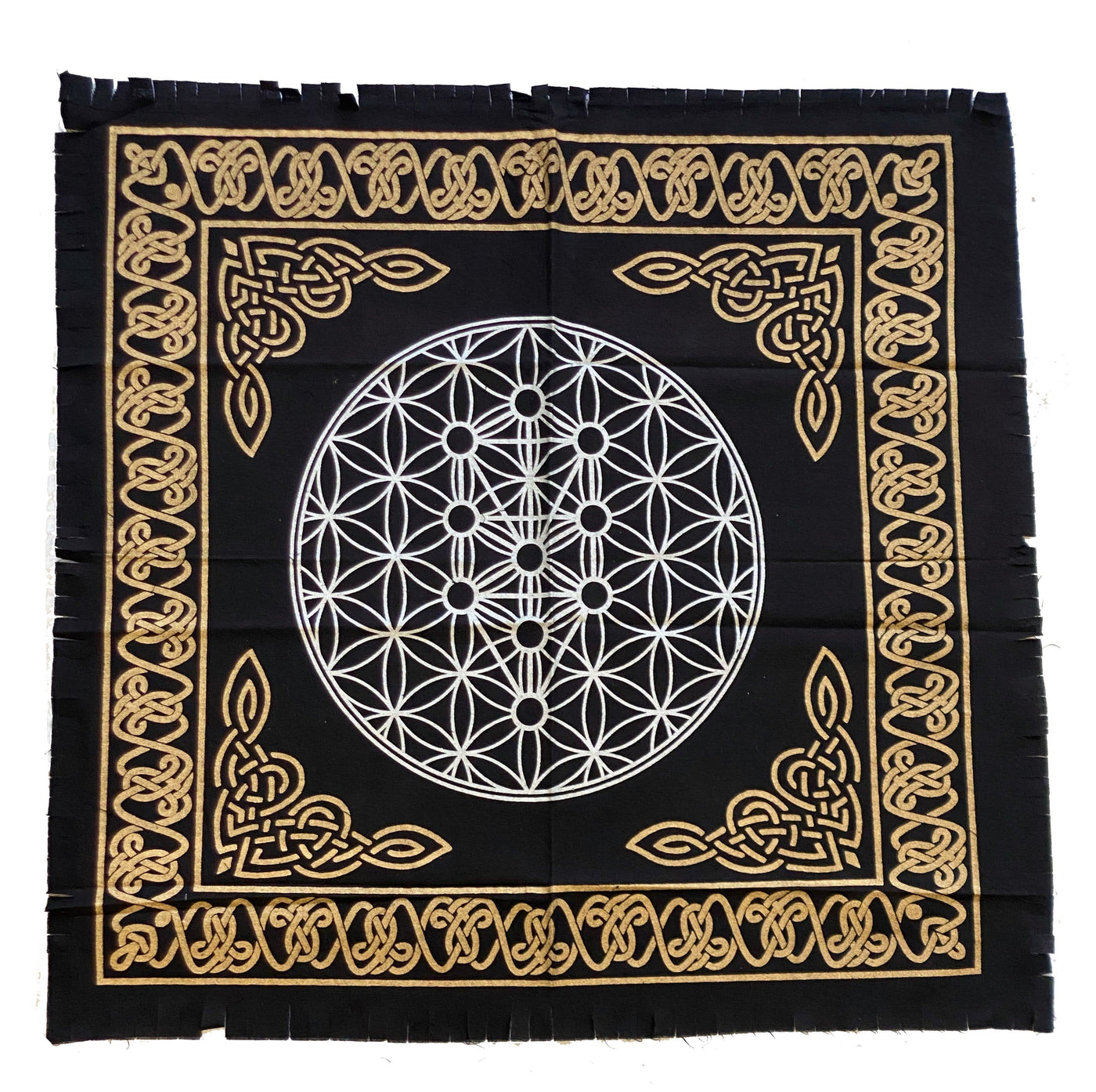 flower of life alter grid. It is black with a white grid imprinted on it and gold borders and corners.