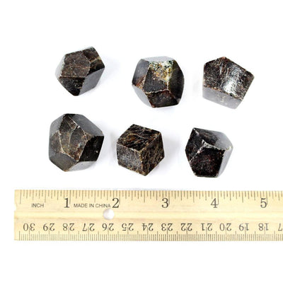 6 garnet stones lined up next to a ruler for size reference on white background