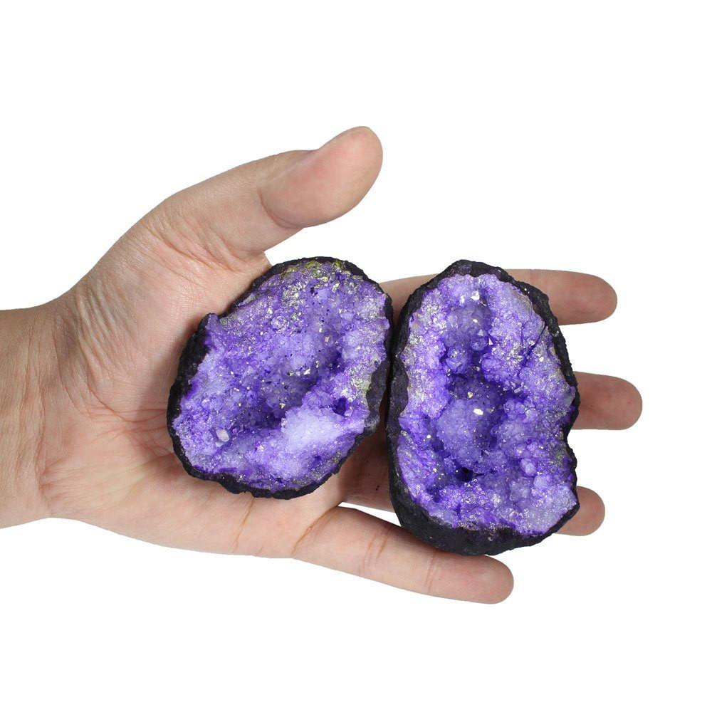  Purple Color Dyed Druzy Geodes - on open in a hand