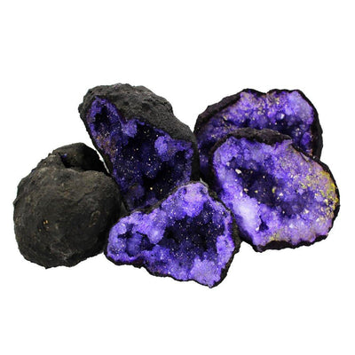 Purple Color Dyed Druzy Geodes - several open on a table
